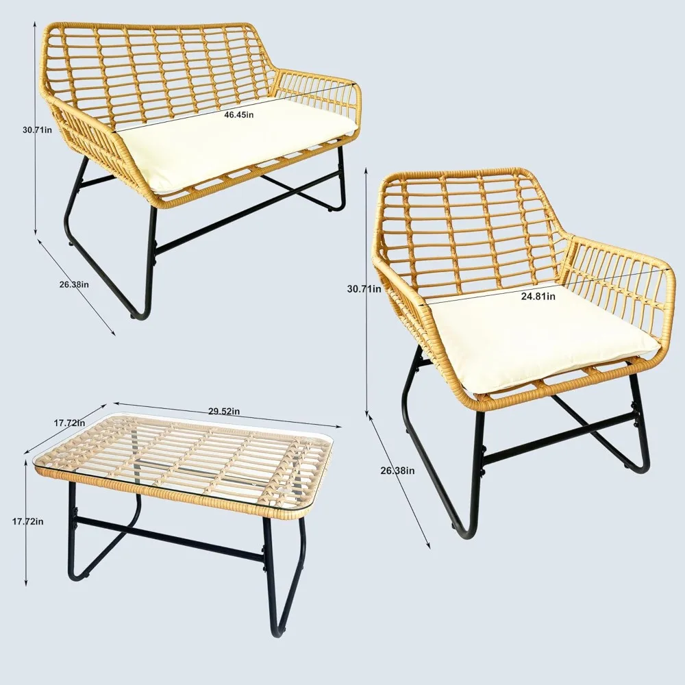 4 Piece Rattan Patio Furniture Set,Indoor/Outdoor Wicker Conversation Set with Loveseat,Chairs and Table for Garden,Porch,Yard a