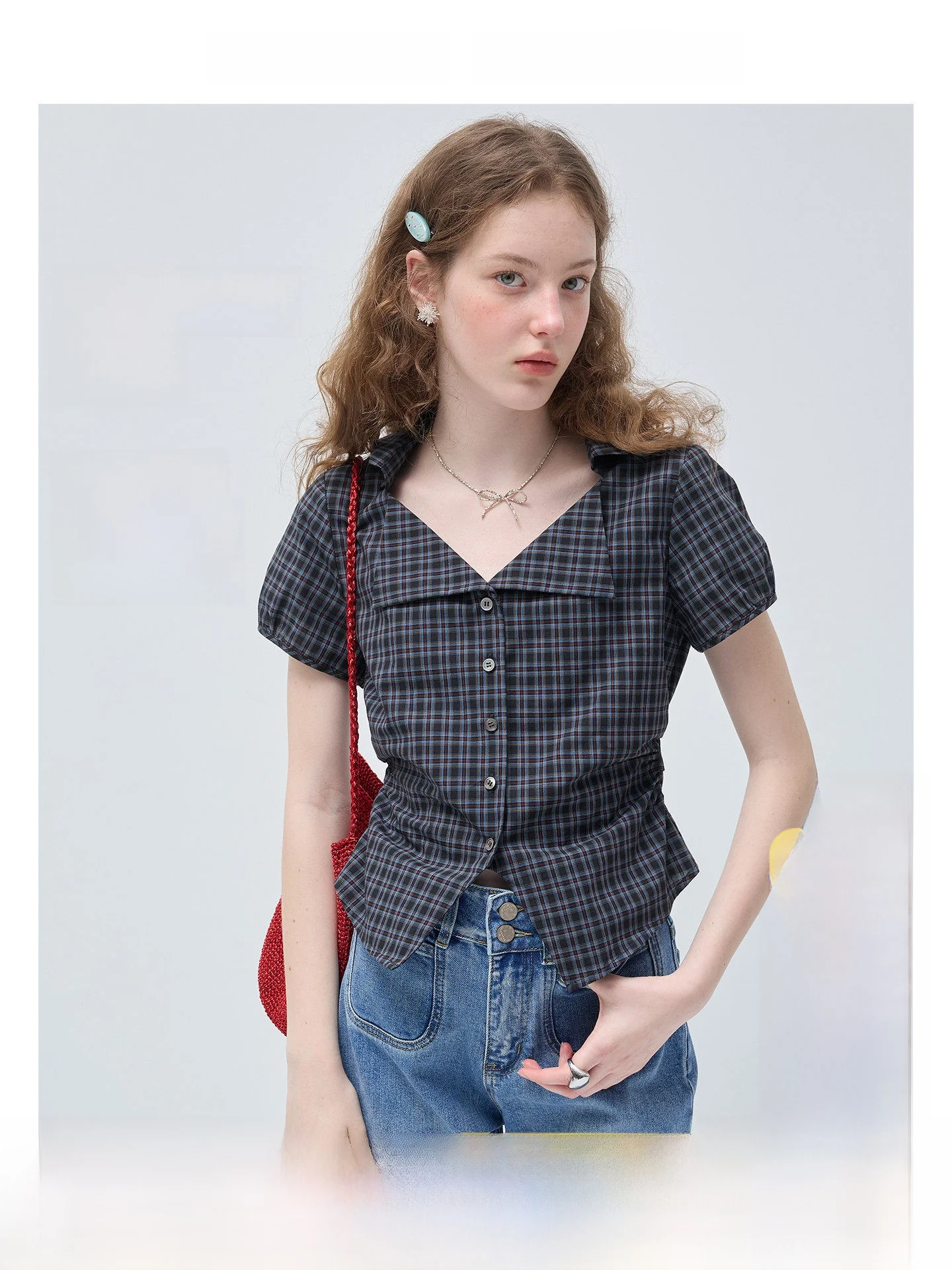 

Rui plus Size Women's Vintage Waist-Cinching Shirt T-Shirt Plaid V-Neck Short Sleeve Summer Micro-Fat Mm Top