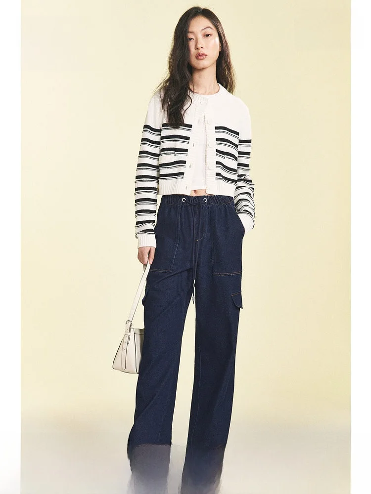 패셔너블한 겨울 여성용 청바지 캐주얼 워크웨어 롱 팬츠 H&M 코튼 폴리에스터 혼방 와이드 레그 팬츠 l 허리