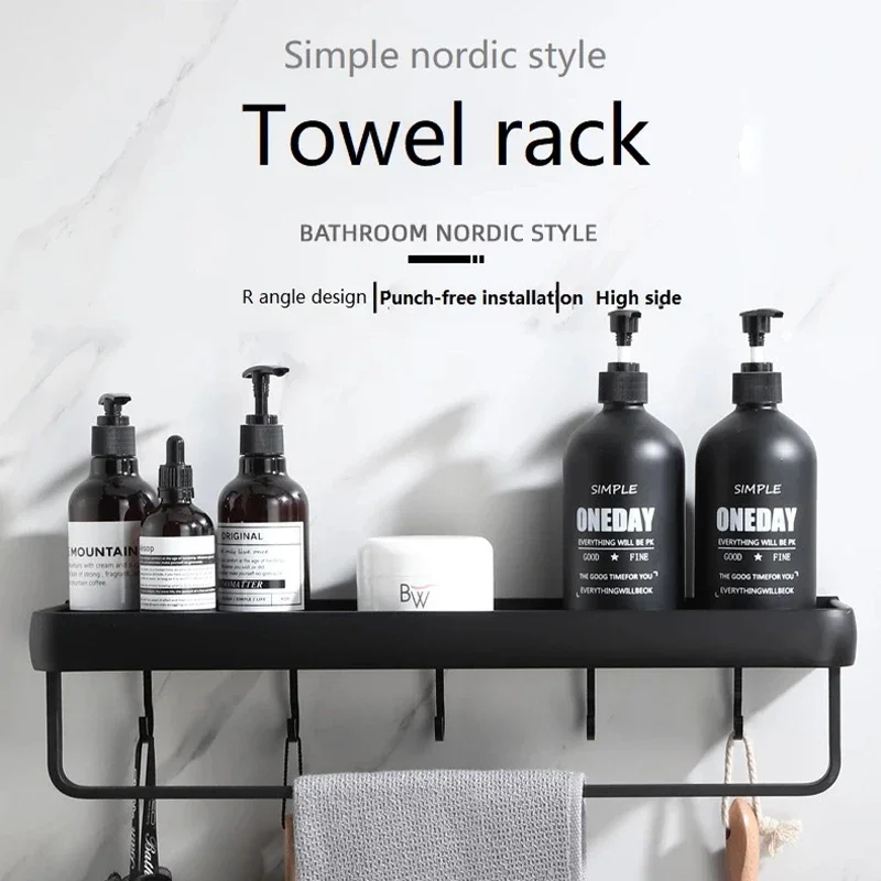 ULA Bathroom Shelf 30/40/50cm Kitchen Wall Shelf Metal Shower Holder Sticker Rack Towel Bar Robe Hooks Bathroom Black Hooks