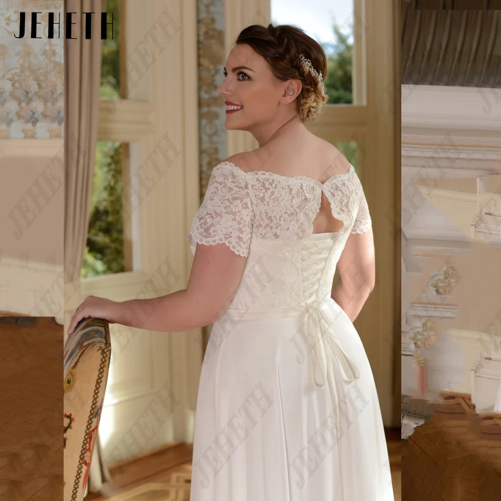 JEHETH Elegant Off Shoulder Wedding Dresses For Woman Plus Size Lace Applique Bride Gowns Chiffon A-Line vestidos de novia