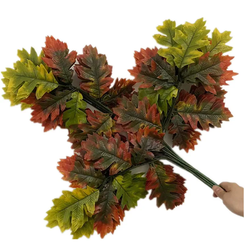 12pcs Artificial Glue Coated Oak Tree Leaf Branch for Greenery Wall Faux Three Forks Eiche Tree Stems