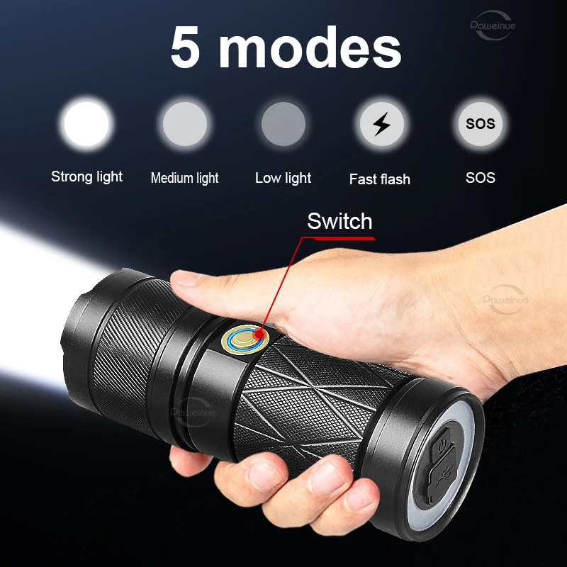 9000000LM 600W High Power LED Flashlights Powerful Rechargeable Tactical Flashlight Long Range Torch Built In 12000mAh Battery