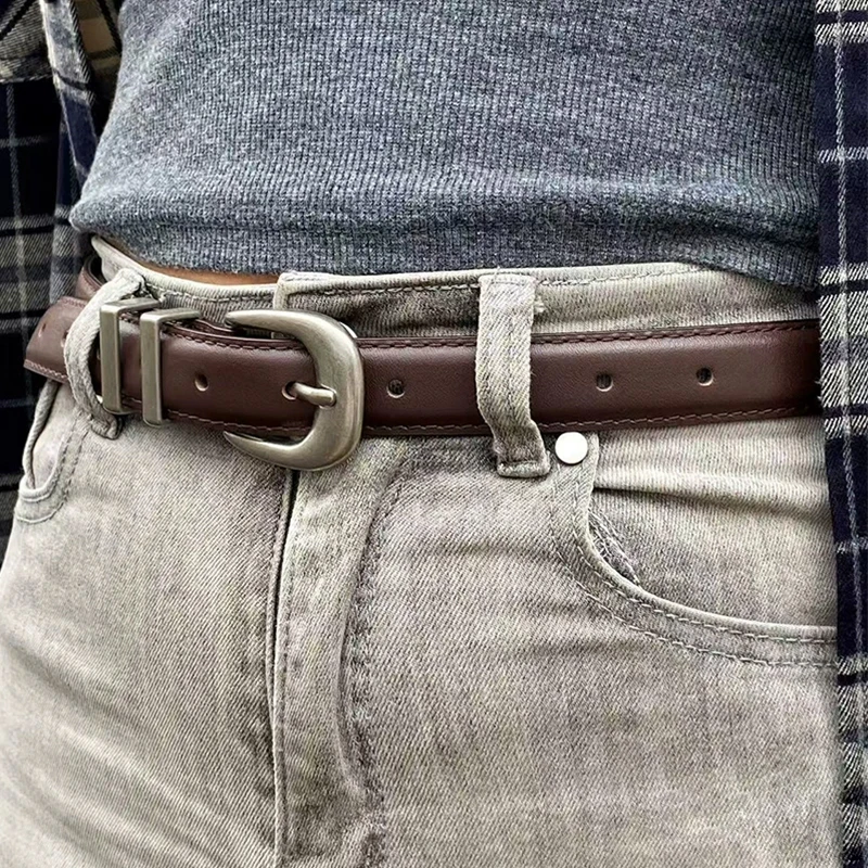 

Винтажный ремень унисекс из натуральной кожи, черный, с серебряной пряжкой, для мужчин и женщин, модный ремень для джинсов и брюк