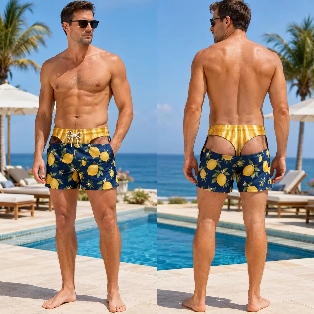 2026 Funny Men's Swimsuit Shark Print Swim Trunks Turquoise Thong Illusion Ocean Animal Novelty Board Shorts Quick Dry Pants