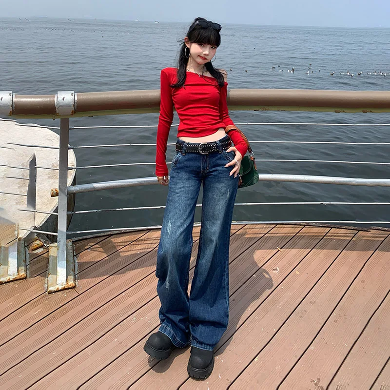 

American Retro Women's Low-waisted Flared Pants, Hot Girls' Four Seasons Fashionable Versatile Scratch-print Casual Loose Jeans