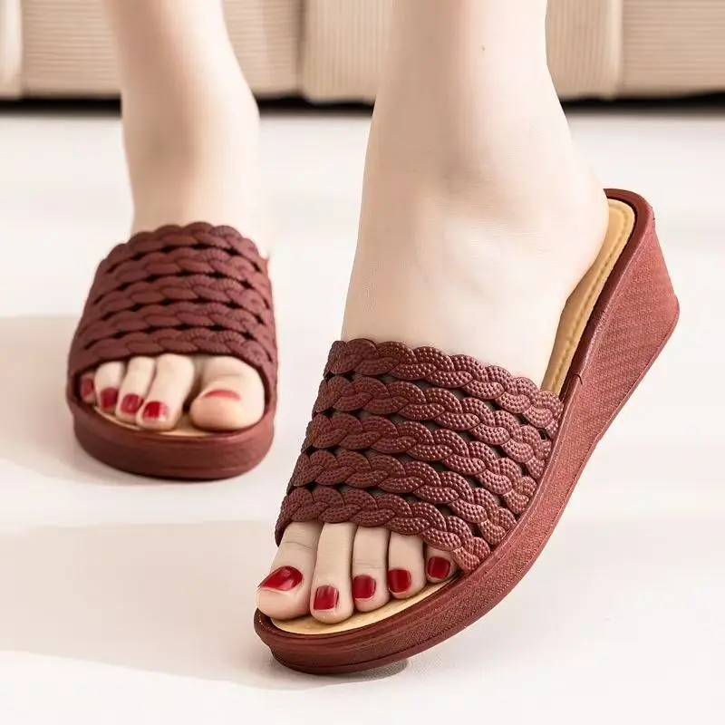 

Summer New Women Open Toe Wedges Hollow Out Slipper Thick Sole Non Slip Breathable Home Slippers Outdoor Waterproof Slippers