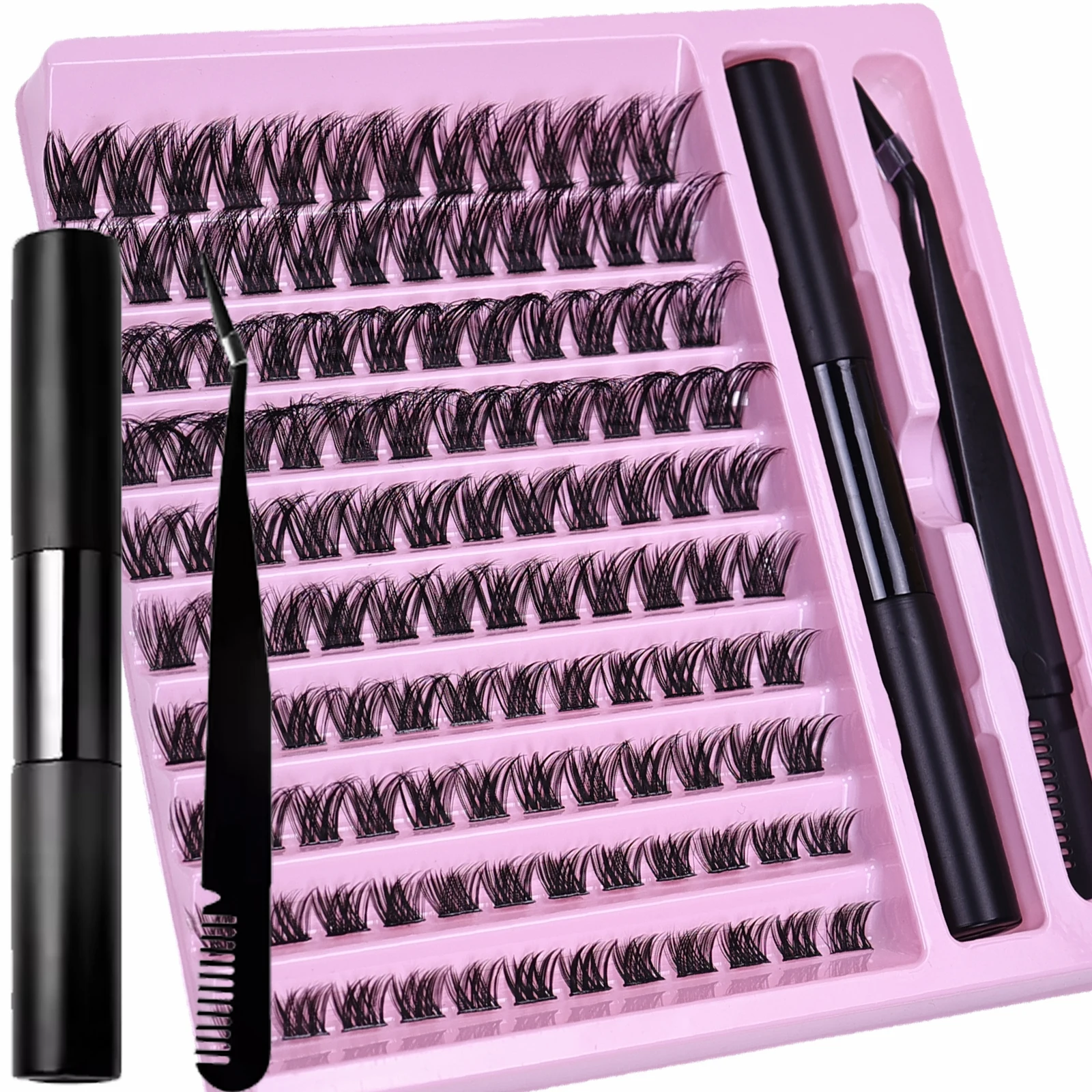 10 Rows D Curl Cluster Lash Kit With 2‑in‑1 Bond Seal Glue & Tweezers DIY Extensions Reusable Eye Makeup