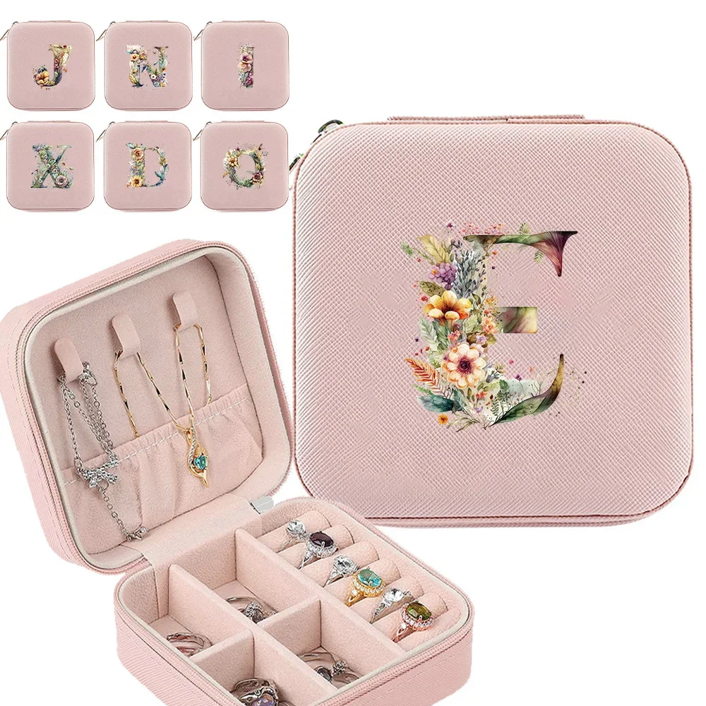 Jewelry Case Portable Travel Jewelry Box Personalized Gifts Leather Floral Letter Pattern Storage Zipper Jewelers Jewelry Box