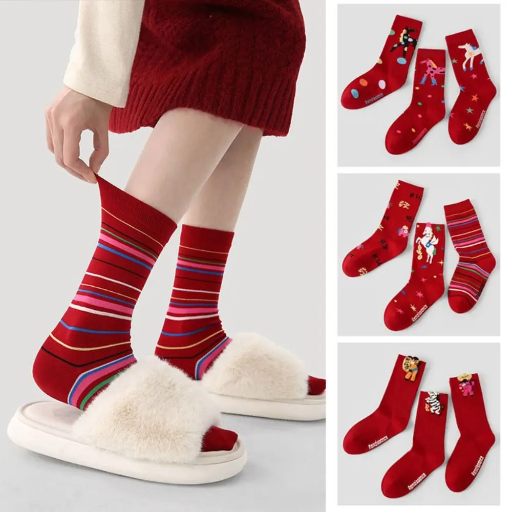 

3Pairs Winter Autumn New Year Tube Socks Mid Calf Comfortable Year of The Horse Socks Cartoon Good Luck Red Cotton Socks Gift