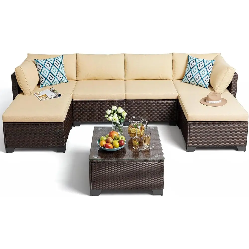 

7-Piece All-Weather PE Rattan Patio Furniture Set with Waterproof Cushions and Coffee Table for Outdoor, Garden, Backyard, or Ba