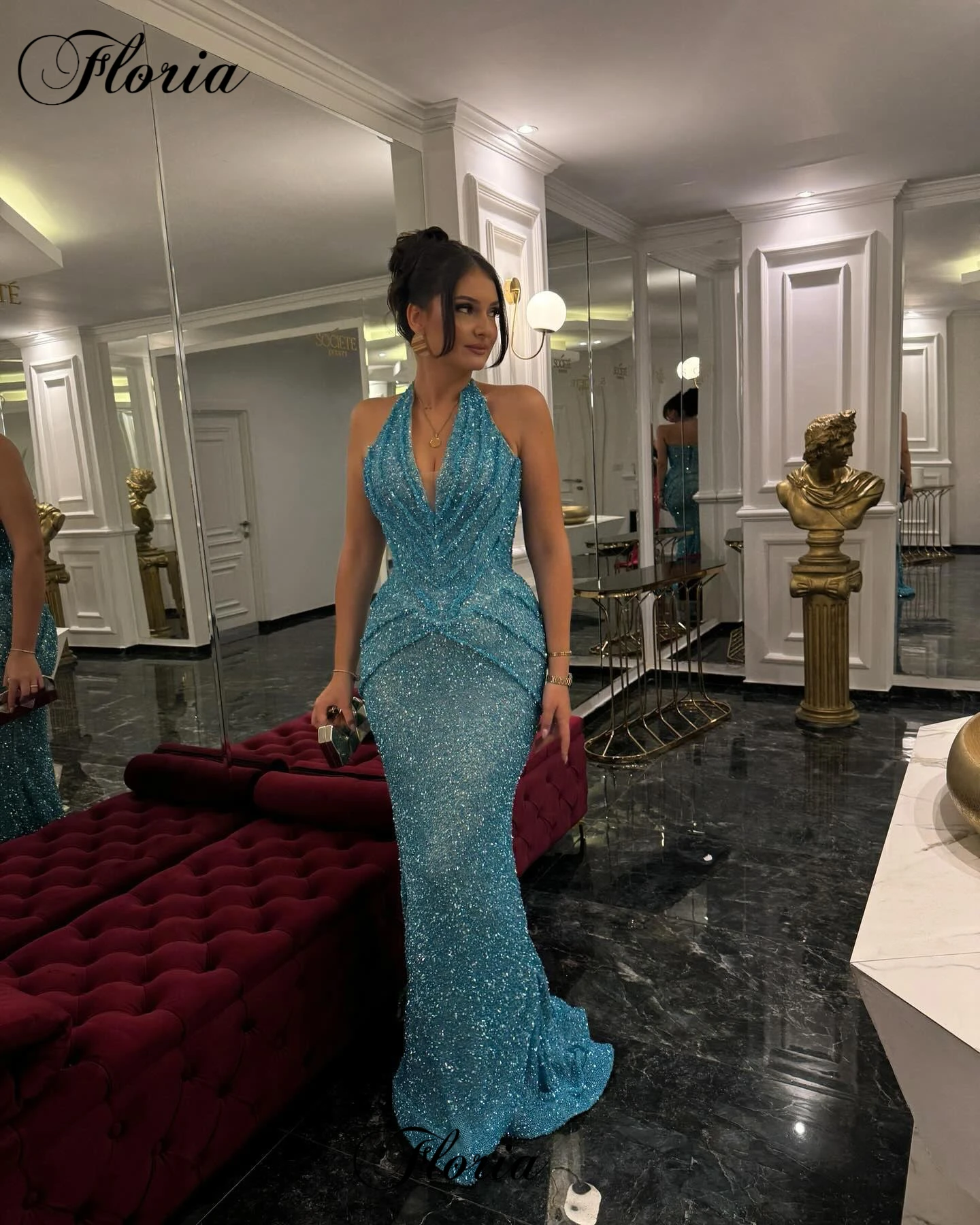 Blue Sexy Halter Cocktail Dresses Mermaid Simple Boho Prom Party Dresses Vestidos Femenino Backless Evening Gowns For Women