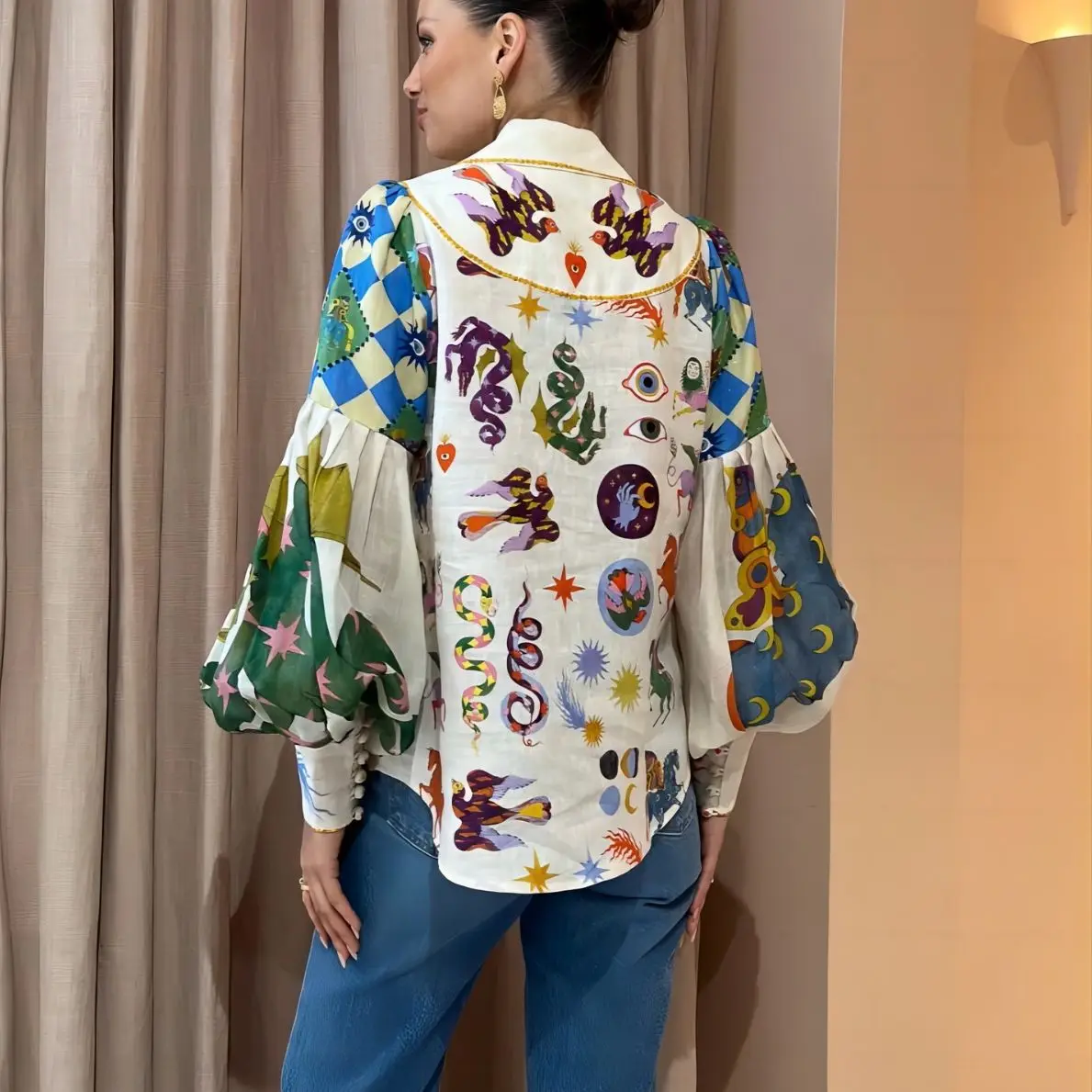 2024 New Fashion Personalized Graffiti Print Lapel Lantern Sleeves Cardigan Shirt