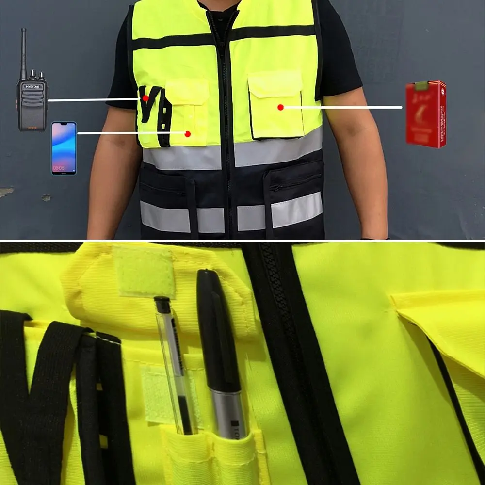 L-XXXXL Reflective Vest Security High Visibility Traffic Safe Clothing Pockets Design Black&yellow Color Matching Safety Wear