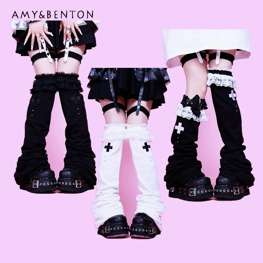 

Japanese Mines Gothic Printing Lace Splicing Knee High Socks Sweet Cute Bow Drawstring Knitted Socks Women Subculture Leg Warmer