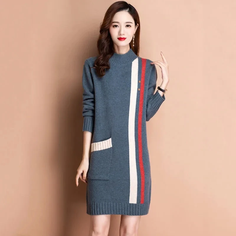 2023 New Autumn Winter Women Knitted Sweater Pullover Korean Color Matching Mid Length Knit Bottoming Shirt Female Tops Jumper