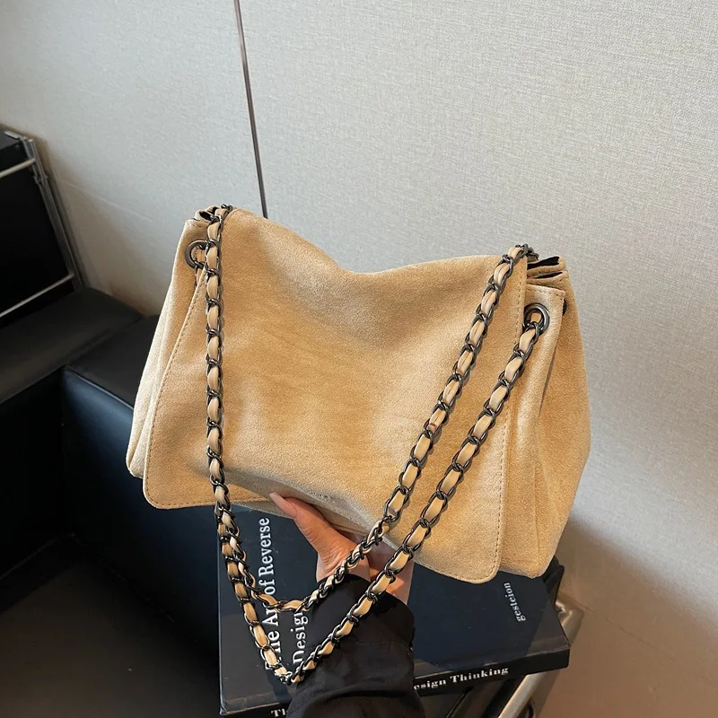 Autumn Winter Texture Nubuck Leather Large Handbag Women Fashion Chain Messenger Bags Retro Commute Single Shoulder Underarm Bag