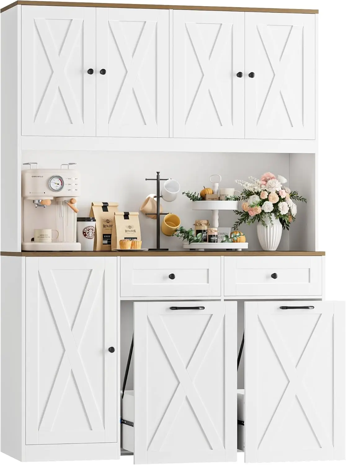 

Белый кухонный шкаф-буфет для столовой с выдвижным мусорным баком и отсеками для хранения, 71 дюйм высотой, 47 дюймов шириной, 125 галлонов, двойной