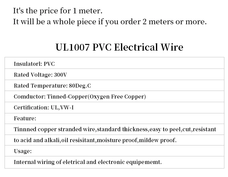 2M/5M UL1007 Wire 30/28/26/24/22/20/18/16 AWG PVC Insulation Tinned Copper Electronic Cable 300V