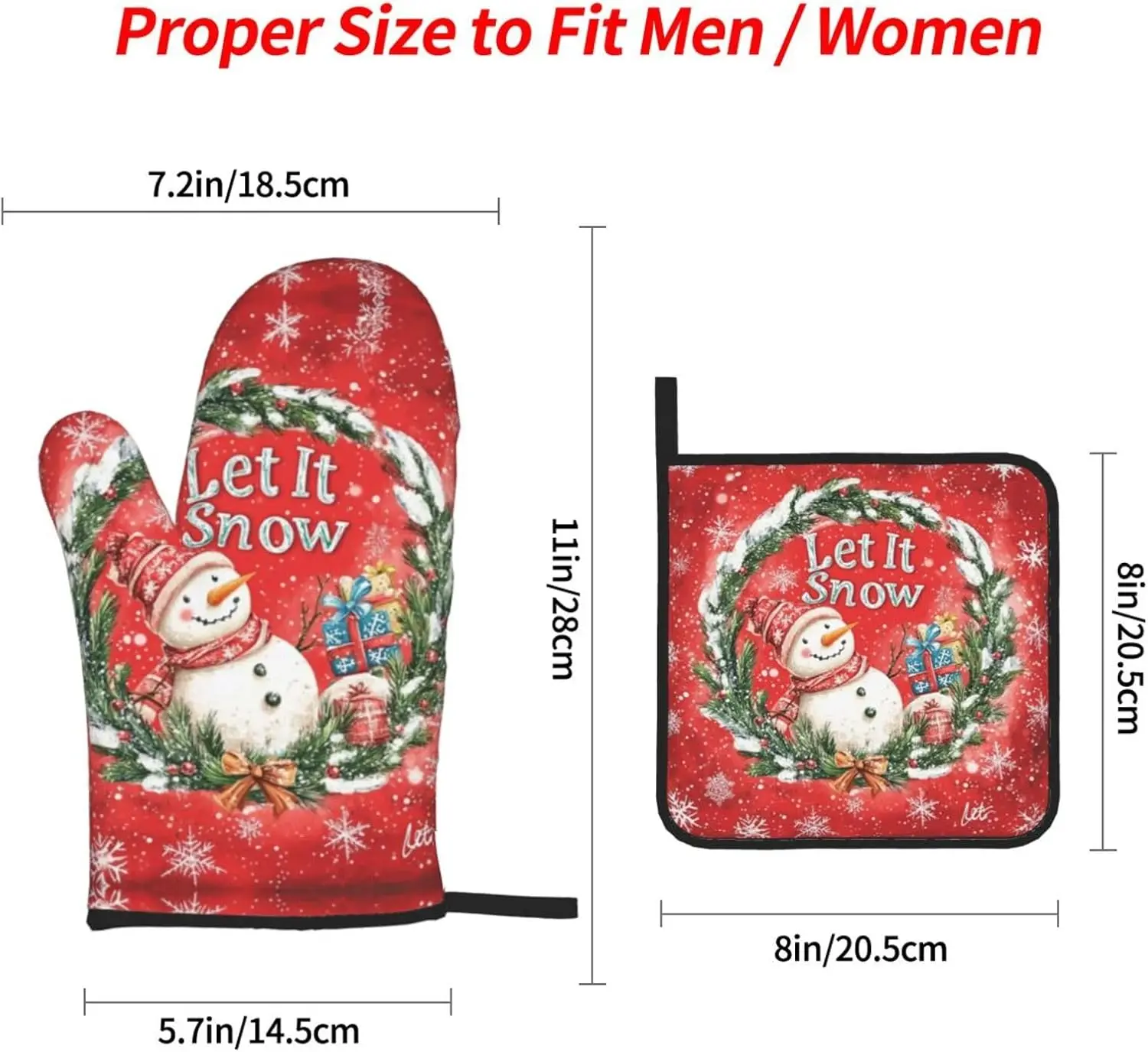 Christmas Snowman Let It Snow Oven Mitts and Pot Holders 4 Pcs, 2 Oven Mitts and 2 Potholders Heat Resistant Gloves