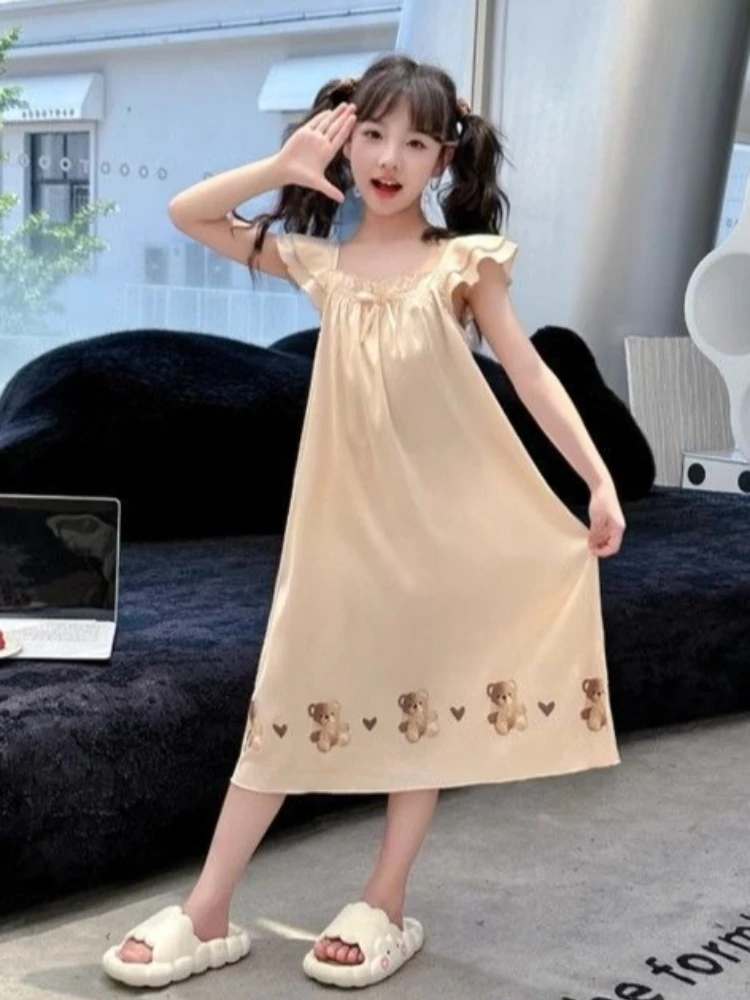 New Summer Korean Style Girls Sleeveless Nightgown Ice Silk Pajama Dress Outer Wear - view 6