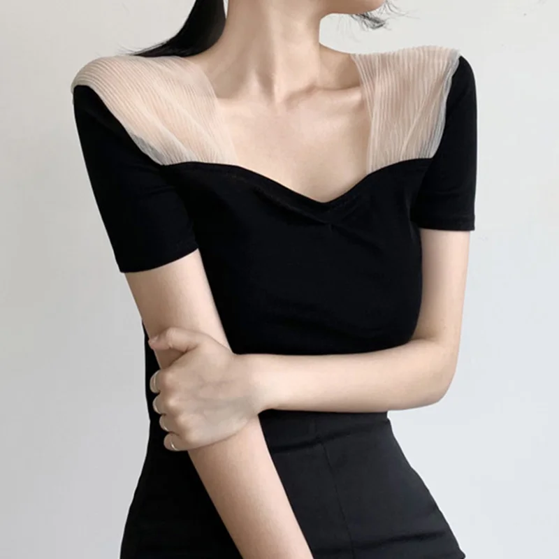 Chic Summer Slim Fit ort Sve T-irt Women's Square Collar Me Splice Design Top Korean Sle Commute Faion