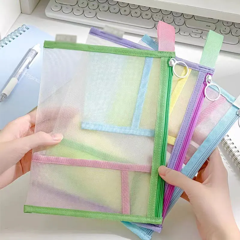 Cartella portadocumenti a griglia A5 Organizzatore di documenti aziendali in plastica colorata trasparente Borsa con cerniera Cancelleria per riporre matite per ufficio e scuola