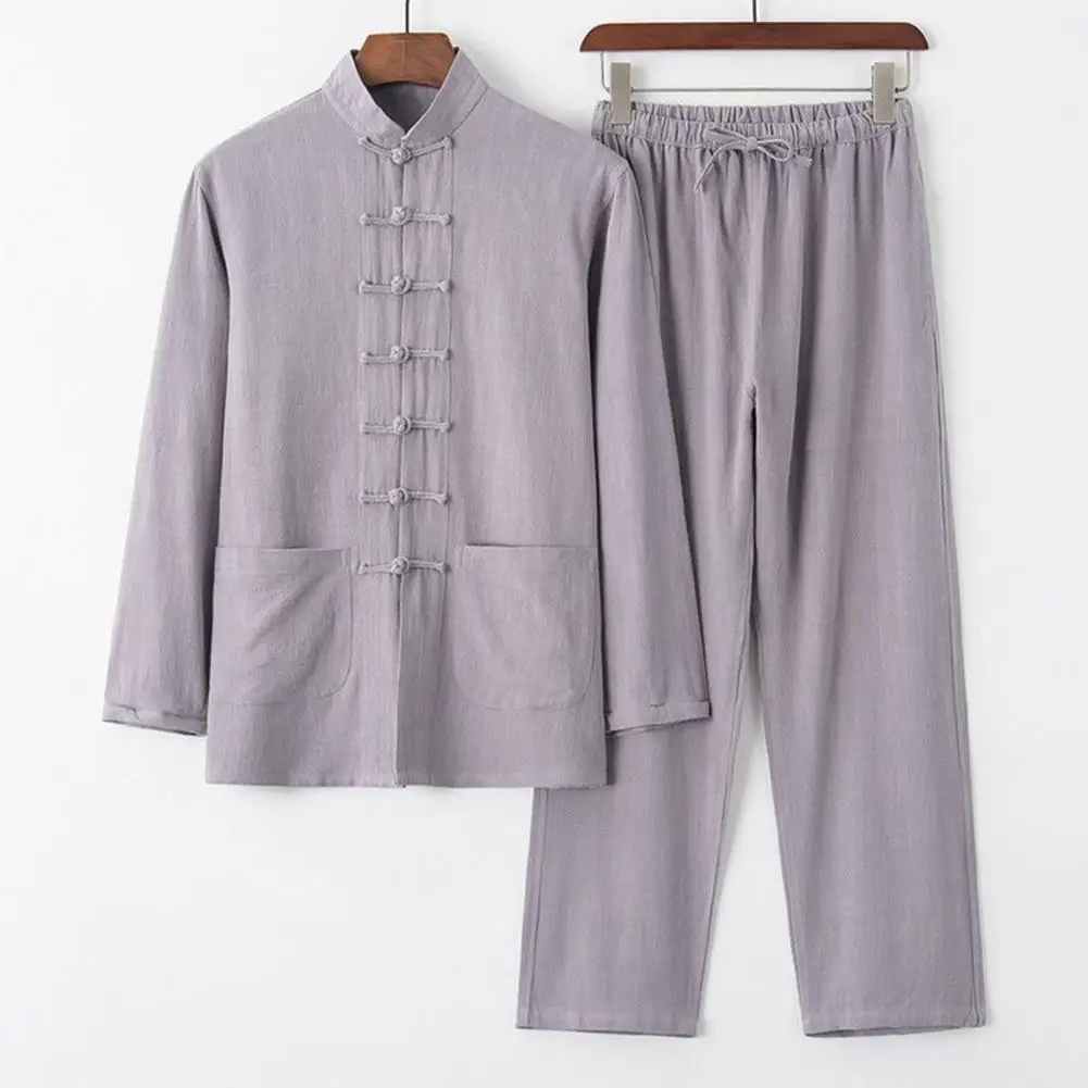 

Men Solid Color Suit Chinese Style Men's Two-piece Set with Stand Collar Shirt Elastic Waist Pants Featuring Disc Buckles