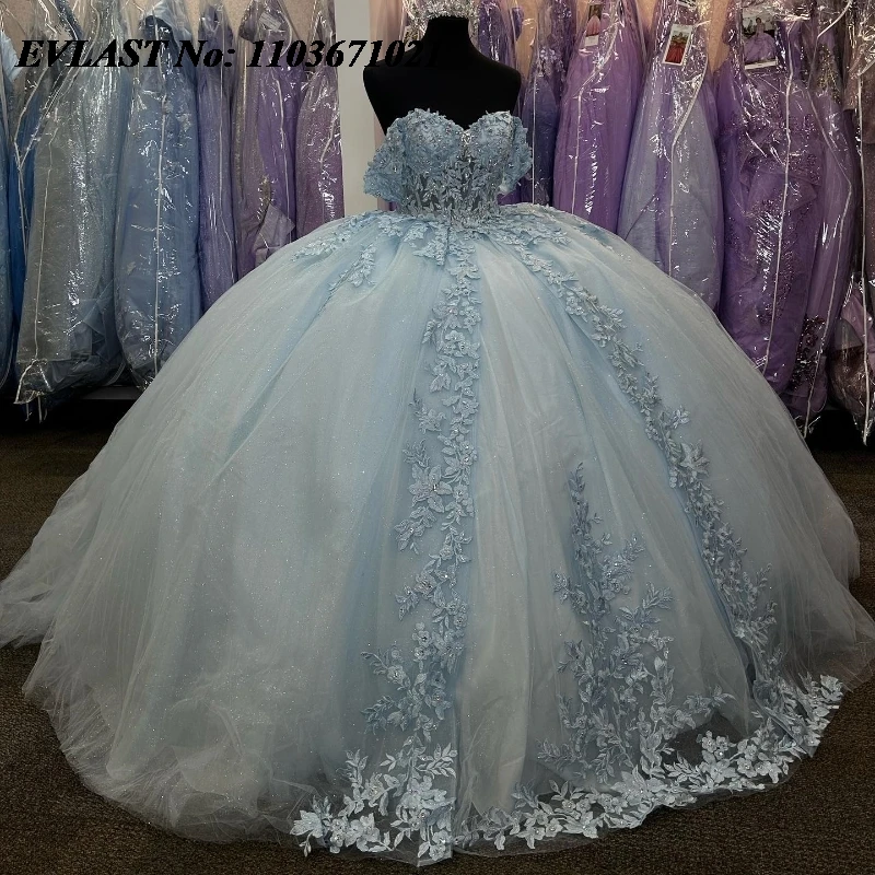 EVLAST Glitter Blue Quinnceanera Dress Ball Gown 3D Floral Applique Beading Bow Mexico Corset Sweet 16 Vestidos De 15 Anos SQ563