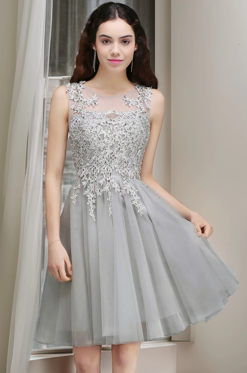 

Women's Summer Short Dresses Sheer Illusion O-Neck Lace Applique Sleeveless Backless Evening Dress Tulle A-Line Mini Party Dress