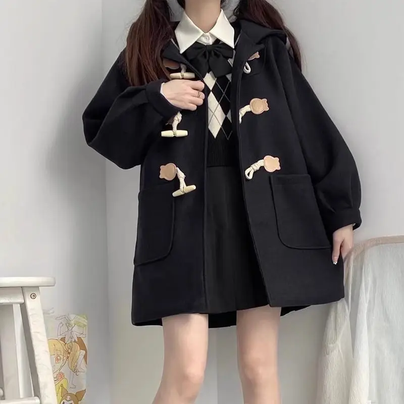 

2025 Winter Thicked Warm Jackets Japanese Subcultural Woolen Coat Women's Hooded Y2k Mid-length Loose Top For Women Trench