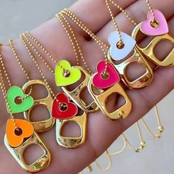 Vintage Metal Gold Color Can Ring-pull Pendant Necklaces Colorful Enamel Hearts Charm Female Beaded Chains for Women Tag Jewelry