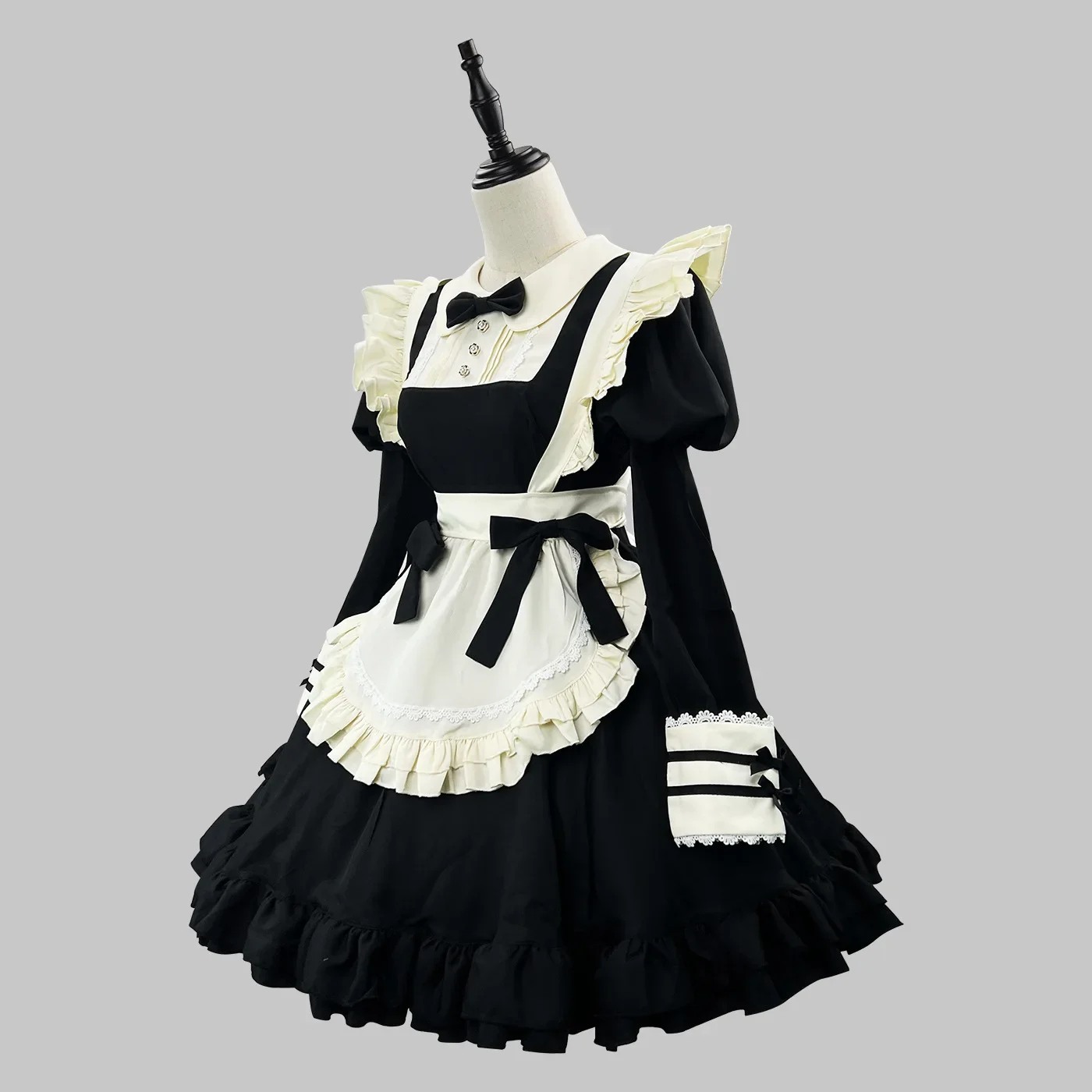 القوطية لوليتا فستان أسود اللون فستان النمط الياباني الدانتيل خادمة الزي مقهى لطيف الحلو خادمة هالوين ازياء للفتيات
