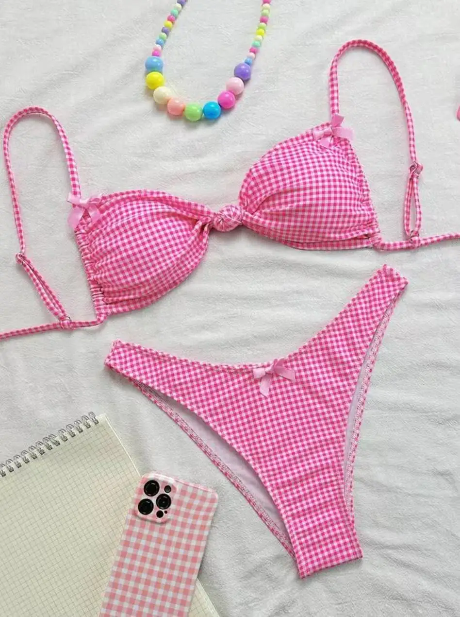 

2026 стринги с ремешками, бикини, женские клетчатые купальники, женский сексуальный купальник с узлом, купальный костюм, пляжная одежда
