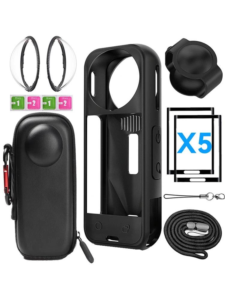 Für Insta 360X5 Kamera Schutzzubehör Kit Objektivschutz/Silikon Schutzhülle/Displayschutzfolien/Kameratasche