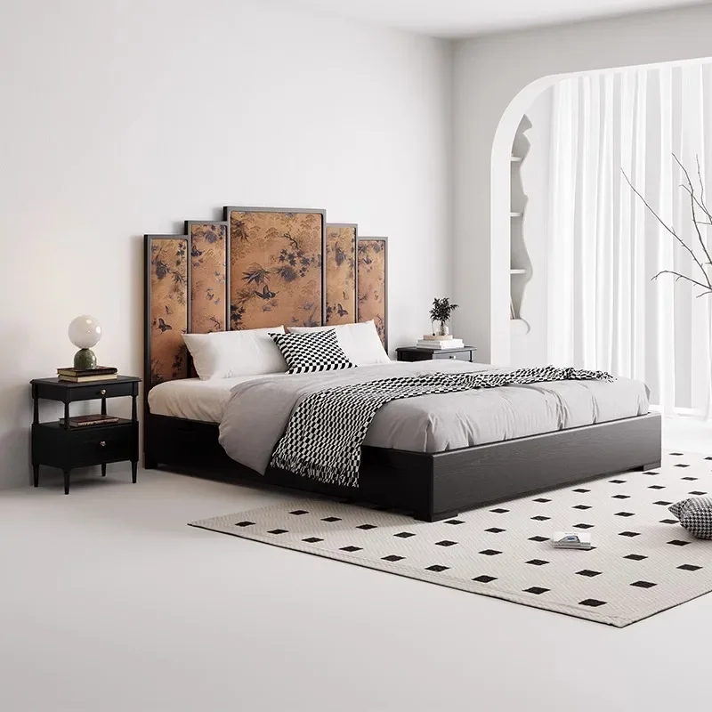 French retro solid wood Guochao screen bed fragrant cloud yarn high backrest soft bag 1.8 meters double bed master bedroom