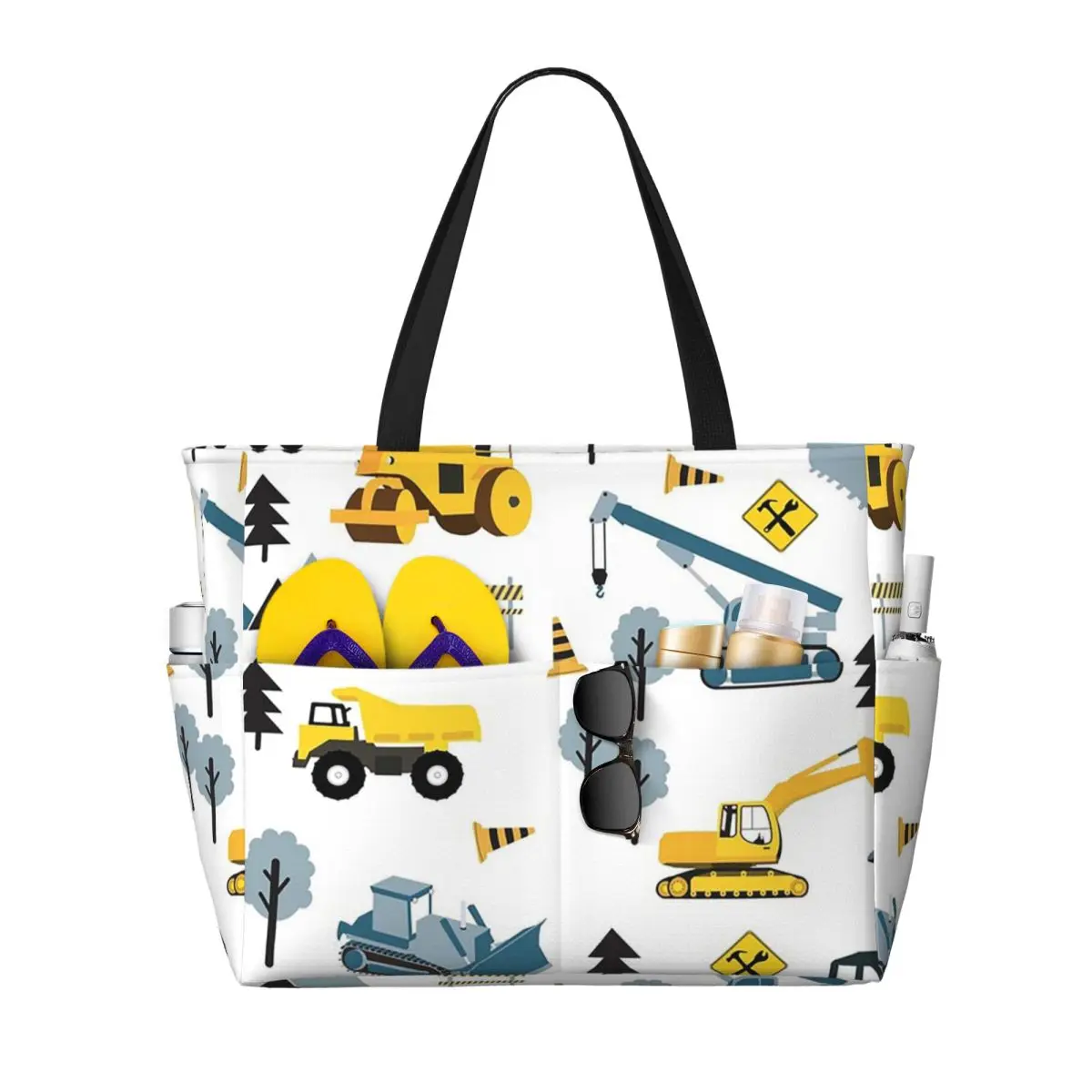 

Blue Construction Trucks & Site Theme Pattern Beach Tote Bag Sport Gym Yoga Duffle Large Tote Bag Women Travel Bag Fitness bag