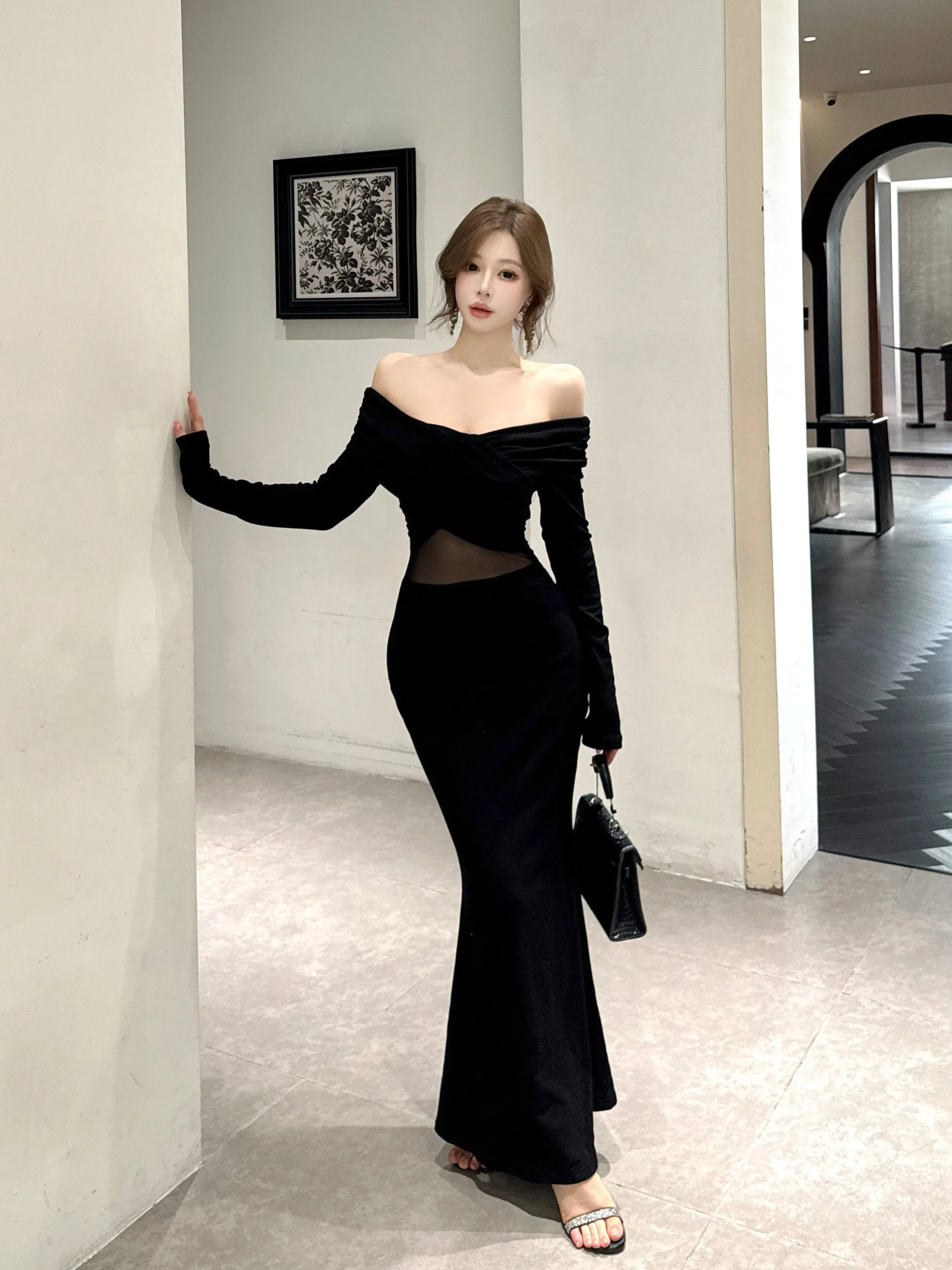 

Ele одно плечо сексуальное длинное све Dr женское осеннее облегающее платье Me для похудения Fi-Tail длинное платье V-Ne миди Dr