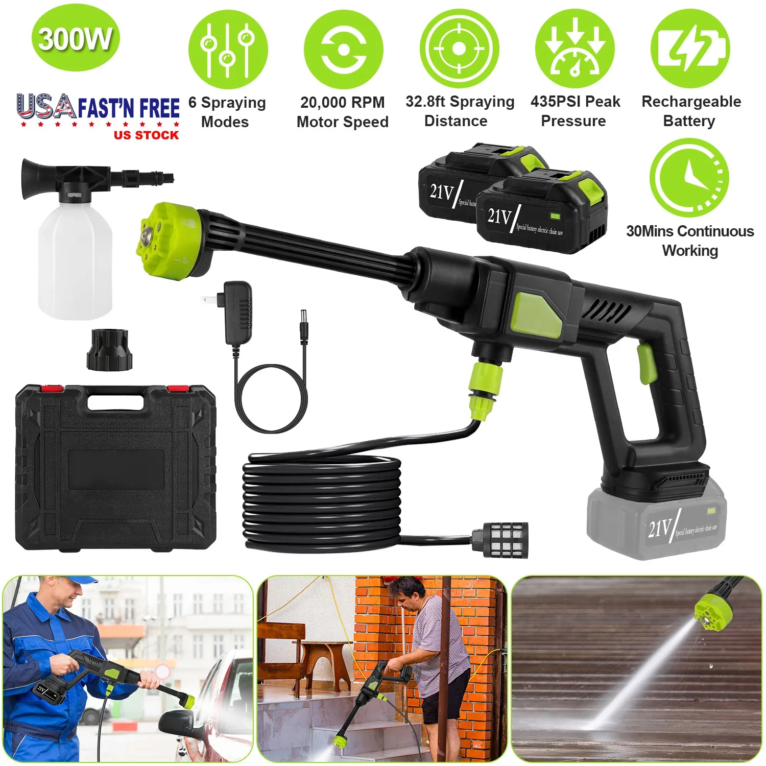 

US Stock Cordless Pressure Washer Portable Power Washer 435PSI Electric Car Washer Cleaner with 2 Battery 6-in-1 Nozzle High Pressure Water Gun Sprayer for Car Fence Patio Cleaning