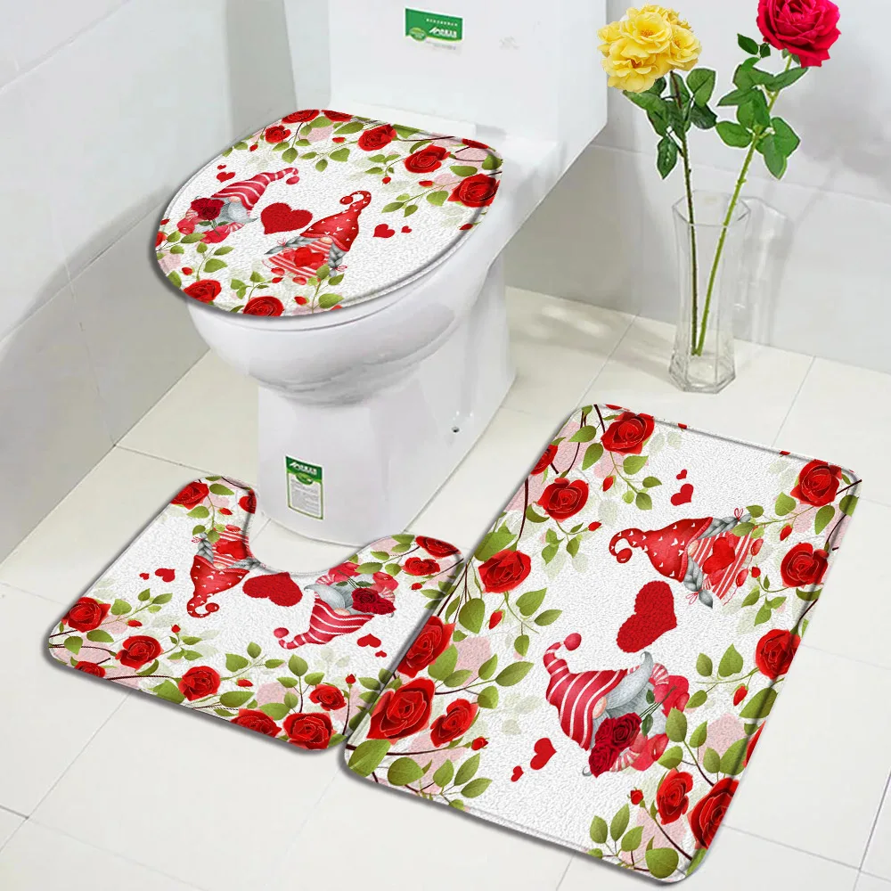 Red Rose Flowers Bath Mat Set Heart Shaped Floral Valentine\'s Day Woman Girl Home Carpet Bathroom Decor Floor Rugs Toilet Cover