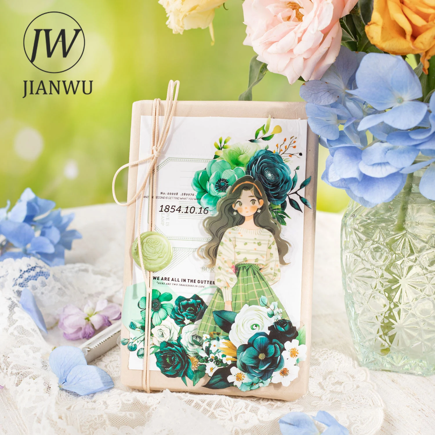 JIANWU-Serie de tejido de ensueño Vintage, Material de paisajismo de flores, Collage de mascotas, pegatina creativa, diario de bricolaje, papelería