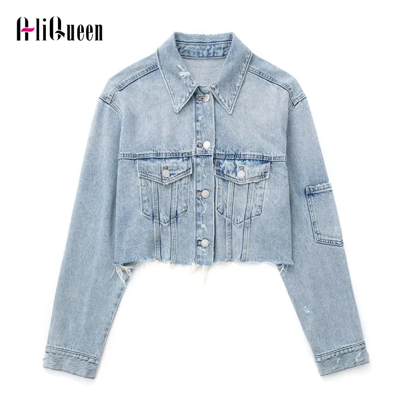 

Blue Denim Jacket Women Frayed Hole Cropped Bomber Jacket Woman Long Sleeve Jackets for Women Streetwear Cut Out Coats Outwear