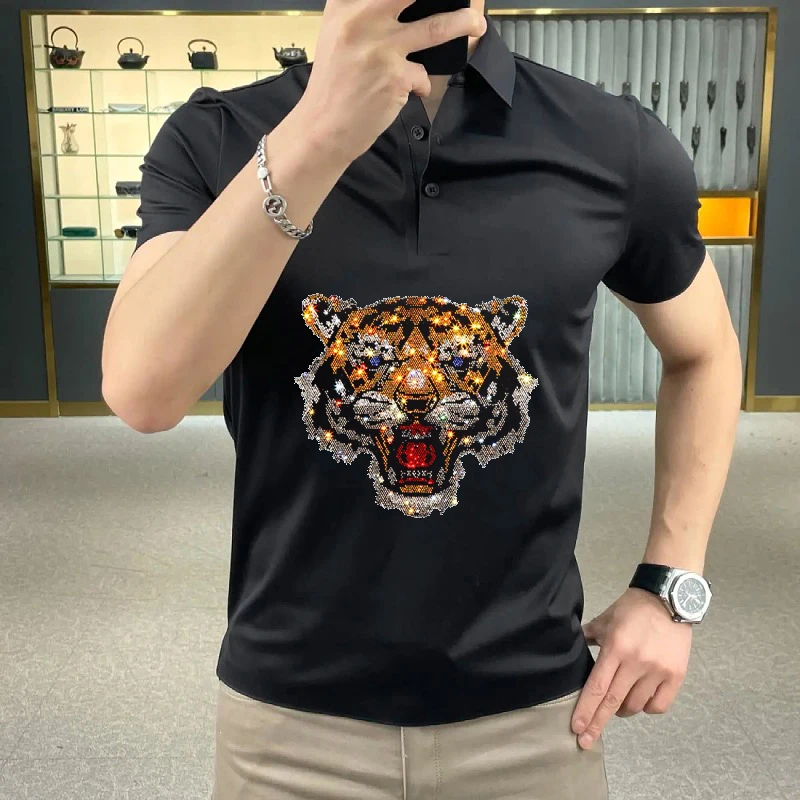 

High-End Men's Polo Shirt Men's Short Sleeve Trend Rhinestone Tiger Lapel T-Shirt Summer New Handsome Wild Polo Shirt