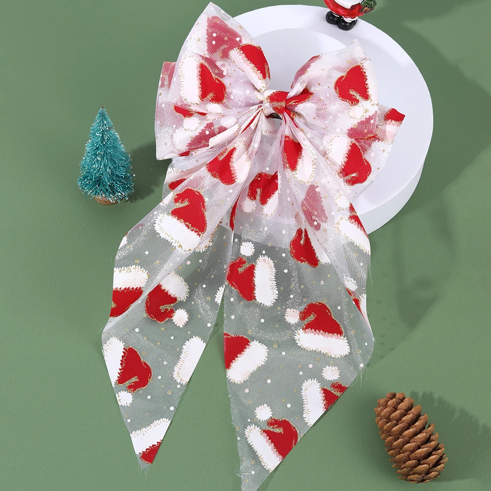 Świąteczne tiulowe kokardy do włosów, spinki z motywem czapki Świętego Mikołaja, duże siateczkowe spinki do włosów dla kobiet i dziewcząt, świąteczne ozdoby do włosów.