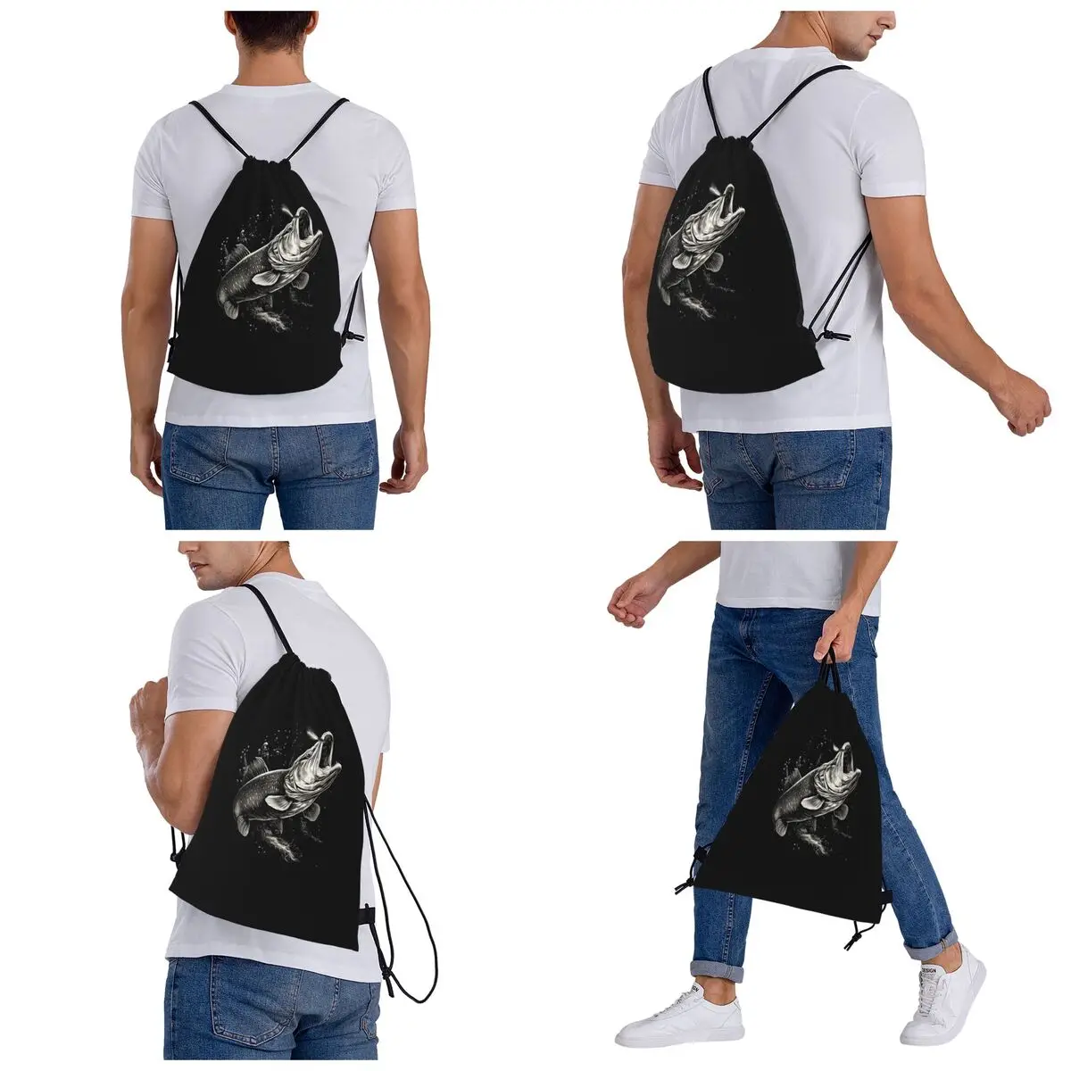 Fishing Lover Pike Fish Design Backpacks Fashion Drawstring Bags Sports Bag Book Bags for Man Woman School