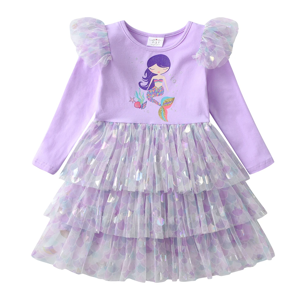 Mädchenkleid in Lavendel-Lila mit Meerjungfrauen-Print, langen Ärmeln, für Herbst und Frühling, glitzernd, geschichtet, für Geburtstagsfeiern, Alltag und Freizeit. – Detail 4