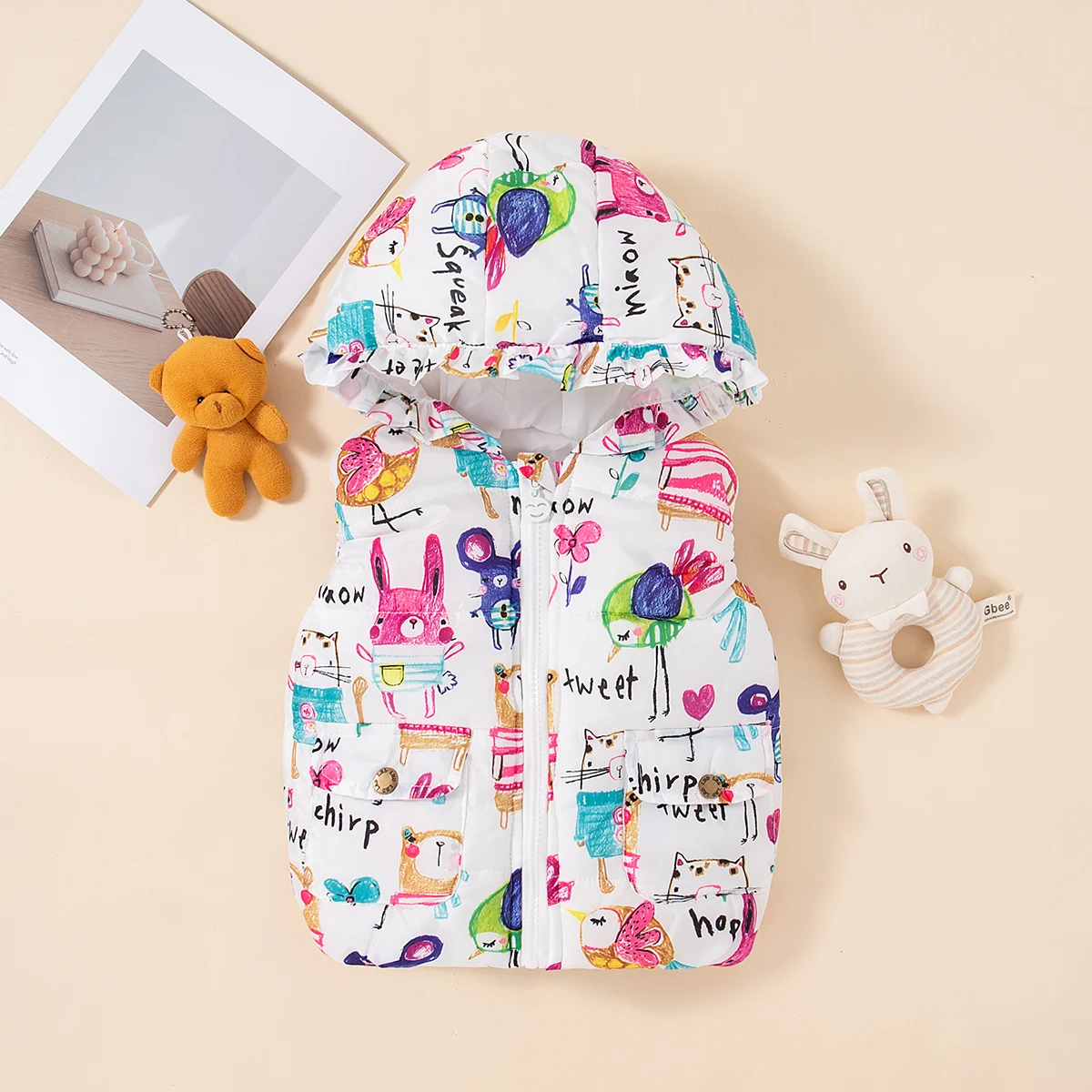Winter New Thick And Warm Baby Boy And Girl Vests, Colorful Graffiti Hooded Children\'S Clothes For 6 Months To 3 Years Old
