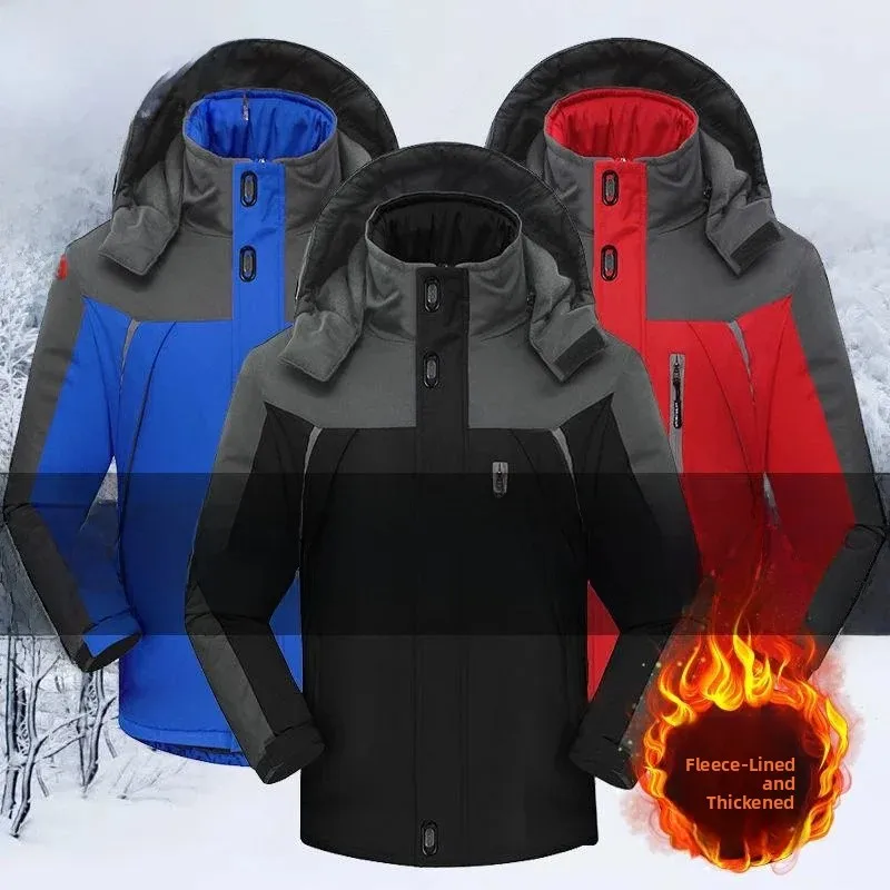 Men's Winter Jacket Thickened Fleece Lined Cotton Workwear Coat Large Size Detachable Collar Commute Friendly Polyester Fiber