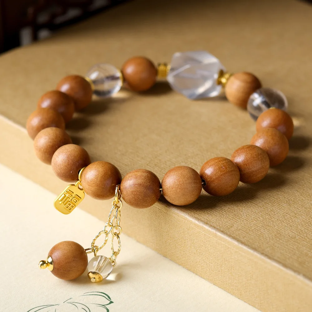 

Old Sandalwood Round Beads with Natural White Crystal Beaded Bracelet New Chinese Style Jewelry Gifts