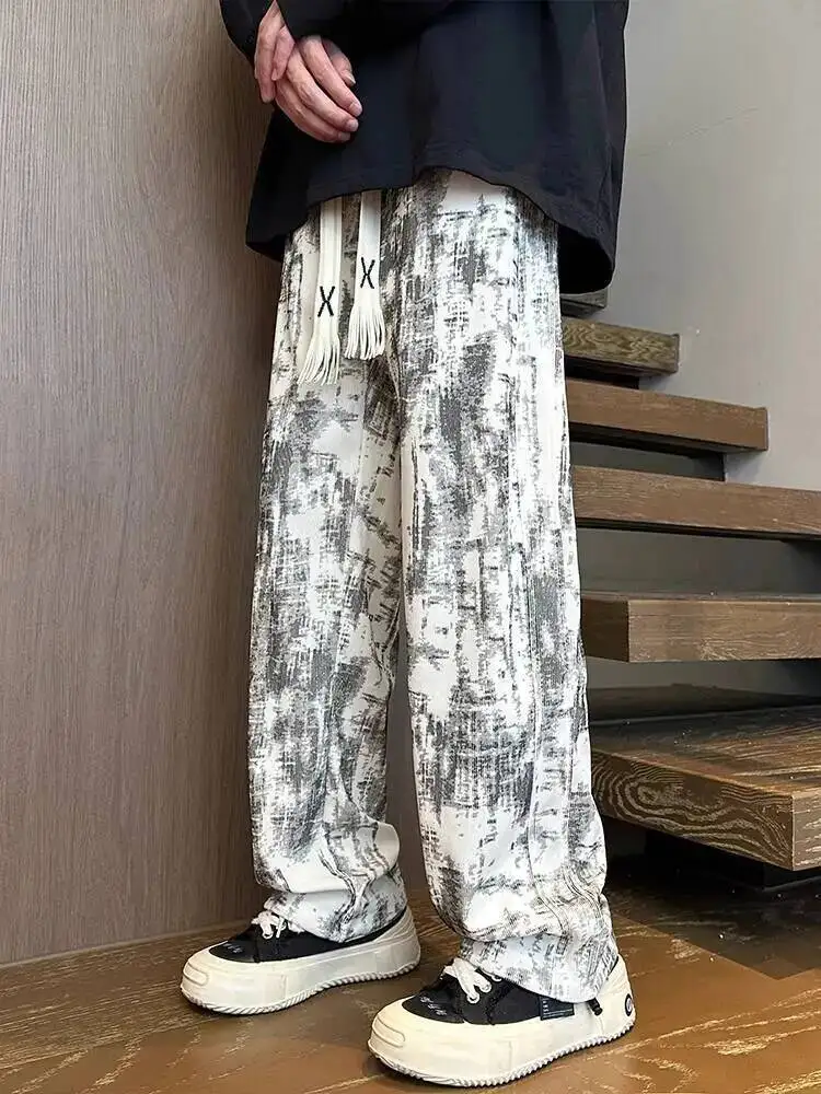 

Tie Dye Casual Pants For Men 2025 Autumn New Street Style Loose Straight Leg Trousers For Teens High Waist Wide Leg Pants